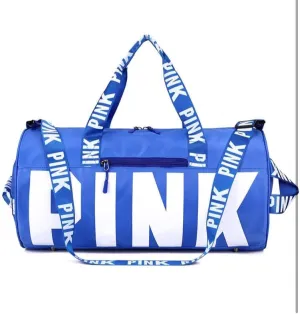 Sports Gym Bag Large Capacity Travel Duffel Bag Sport Shoes Bag with Wet Pocket Compartment for Men and Women Lightweight Multiple Colors PINK Logo (Blue)