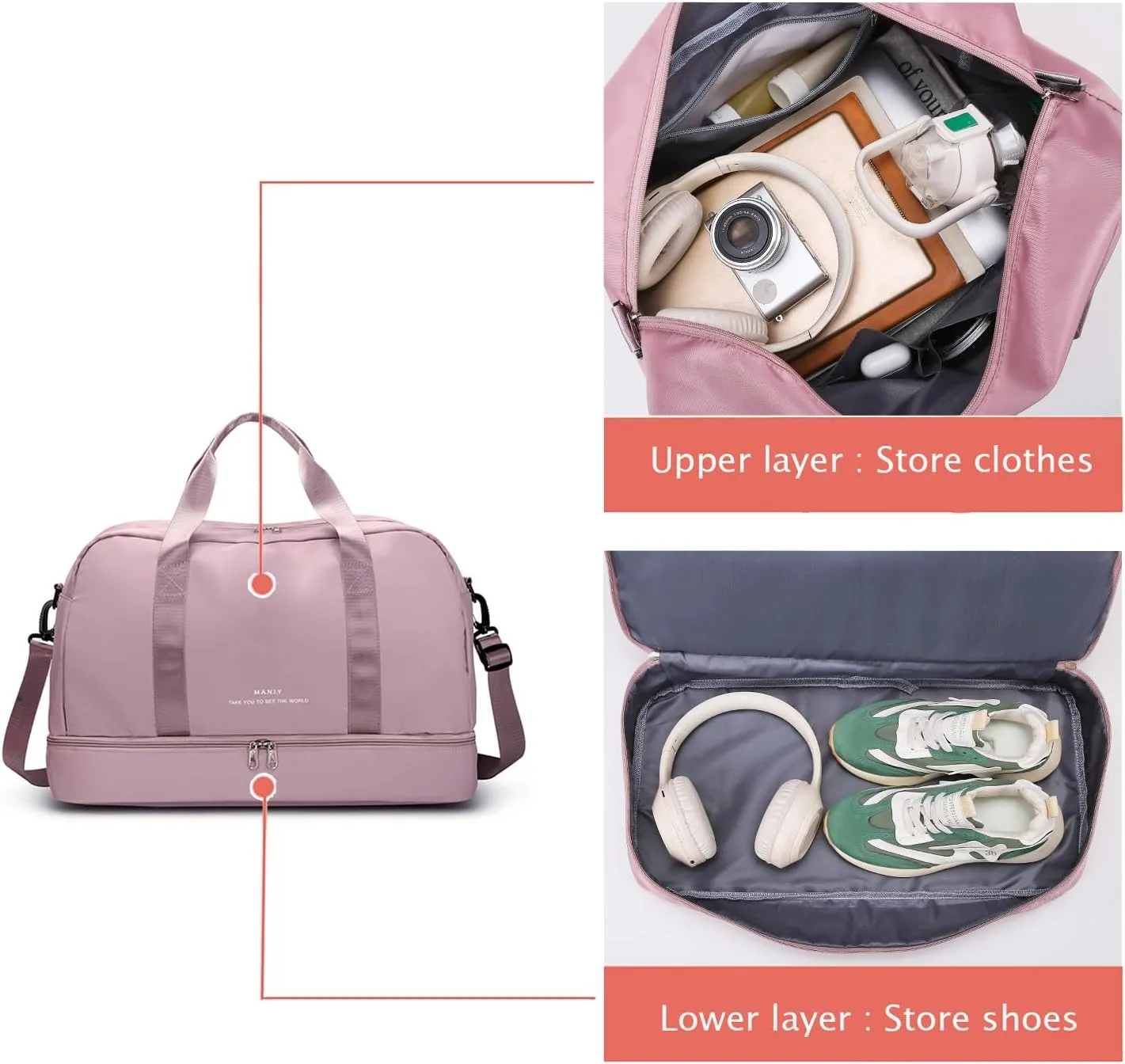 Sports Travel Duffel Bag for Women,Light Gym Bag with Shoe Compartment,Large Capacity Weekender Overnight with Wet Pocket for Lady Travel, Gym, Yoga （Pink）