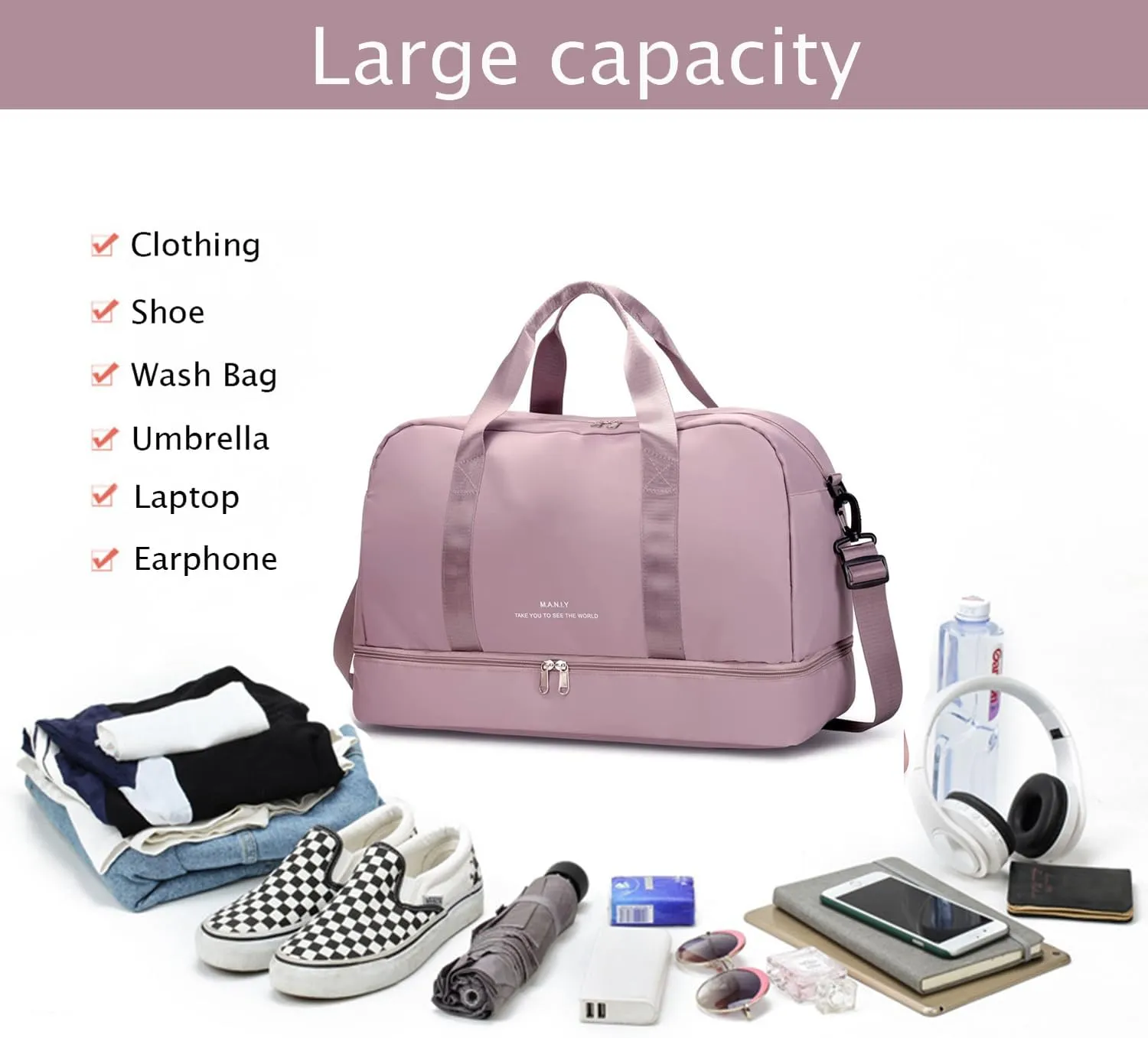 Sports Travel Duffel Bag for Women,Light Gym Bag with Shoe Compartment,Large Capacity Weekender Overnight with Wet Pocket for Lady Travel, Gym, Yoga （Pink）