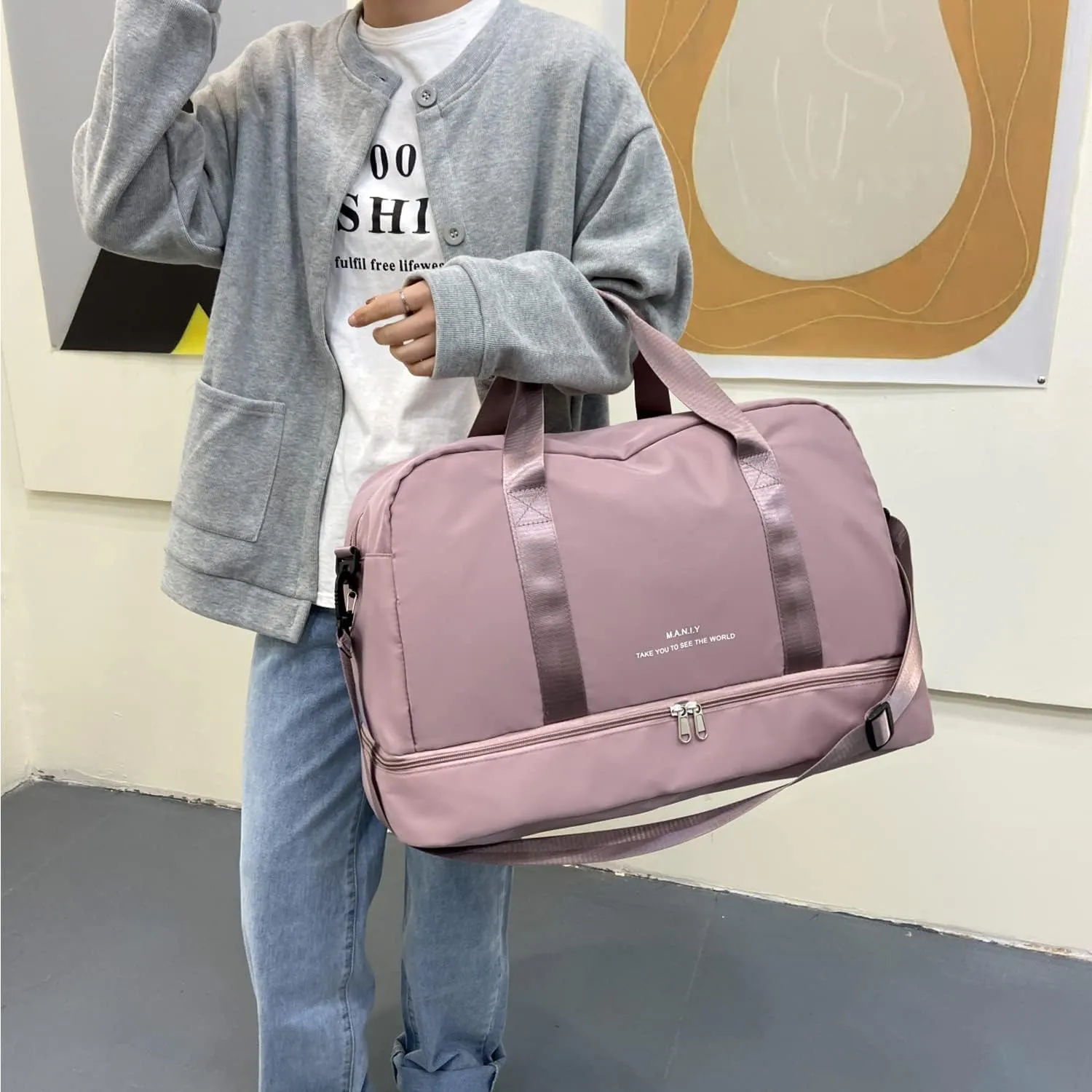 Sports Travel Duffel Bag for Women,Light Gym Bag with Shoe Compartment,Large Capacity Weekender Overnight with Wet Pocket for Lady Travel, Gym, Yoga （Pink）