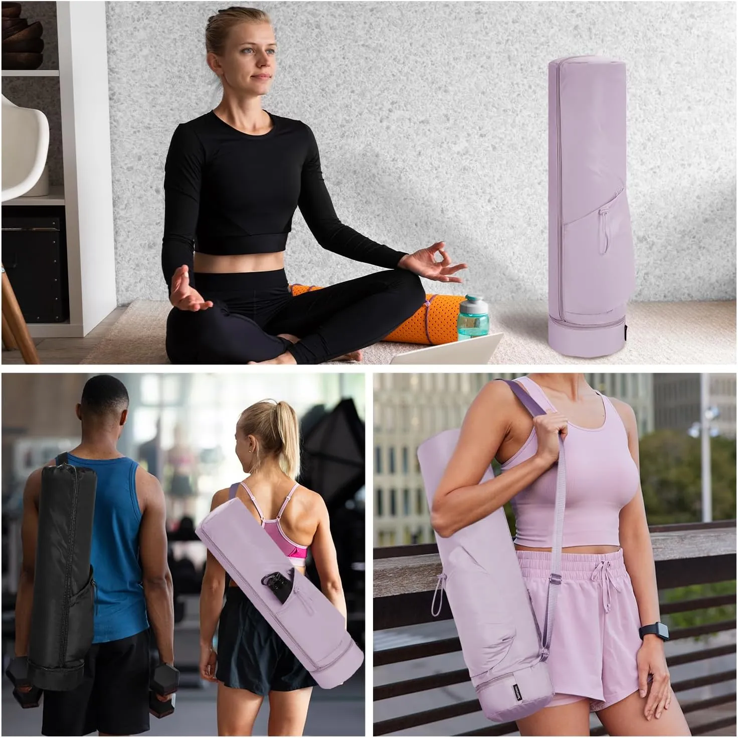 sportsnew Yoga Mat Bag, Full Zip Cargo Yoga Mat Carrier Bag with Drawstring Water Bottle Pocket and Bottom Wet Pocket, Exercise Yoga Mat Carrier Holder Multi-Functional Storage Bag patent pending