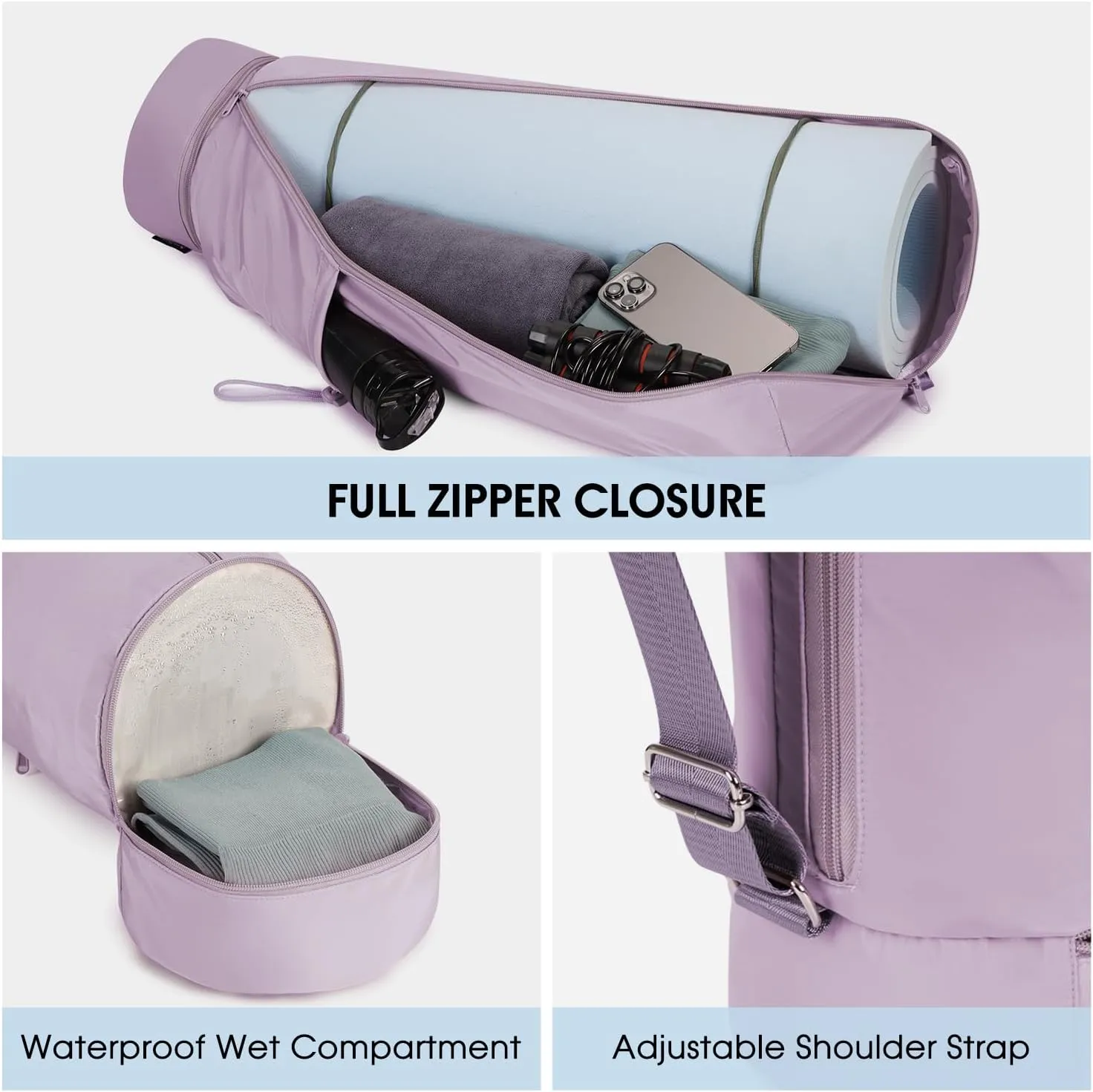 sportsnew Yoga Mat Bag, Full Zip Cargo Yoga Mat Carrier Bag with Drawstring Water Bottle Pocket and Bottom Wet Pocket, Exercise Yoga Mat Carrier Holder Multi-Functional Storage Bag patent pending
