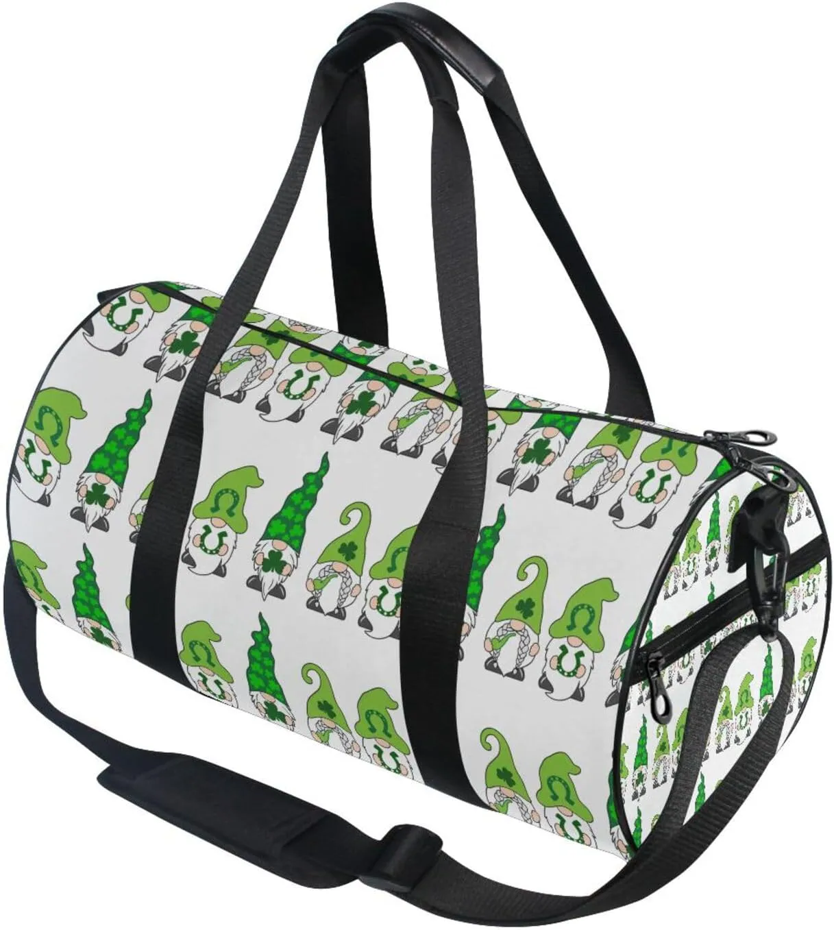 St Patrick Day Gnomes with Green Shamrock Clovers Leaves on White Portable Gym Bag, Travel Bag, Luggage bag, Sports Bag, Toiletry Bag with Handles, Detachable Shoulder Strap 17.6 x 9 x 9 inch