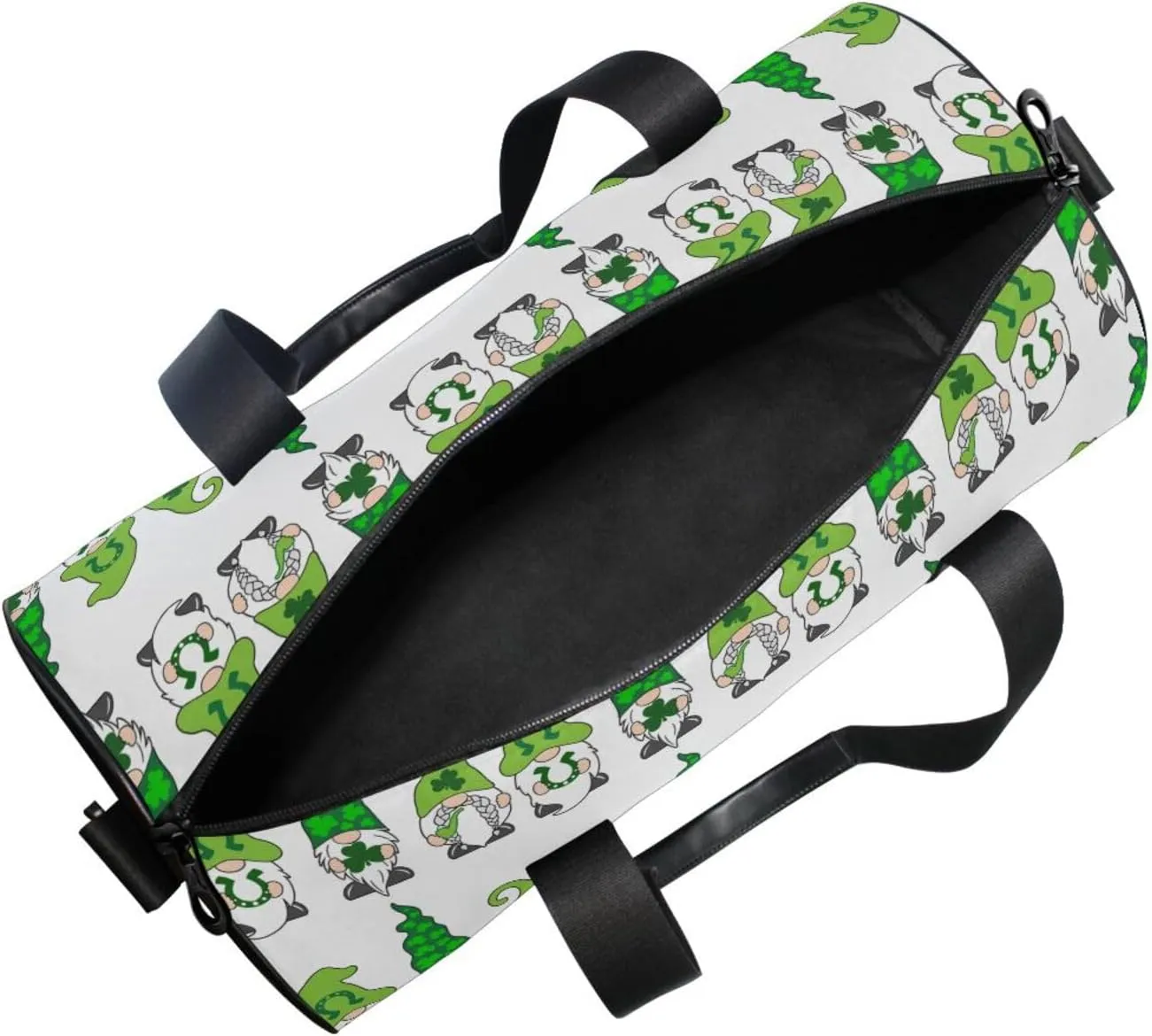 St Patrick Day Gnomes with Green Shamrock Clovers Leaves on White Portable Gym Bag, Travel Bag, Luggage bag, Sports Bag, Toiletry Bag with Handles, Detachable Shoulder Strap 17.6 x 9 x 9 inch