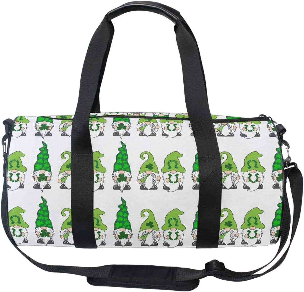 St Patrick Day Gnomes with Green Shamrock Clovers Leaves on White Portable Gym Bag, Travel Bag, Luggage bag, Sports Bag, Toiletry Bag with Handles, Detachable Shoulder Strap 17.6 x 9 x 9 inch