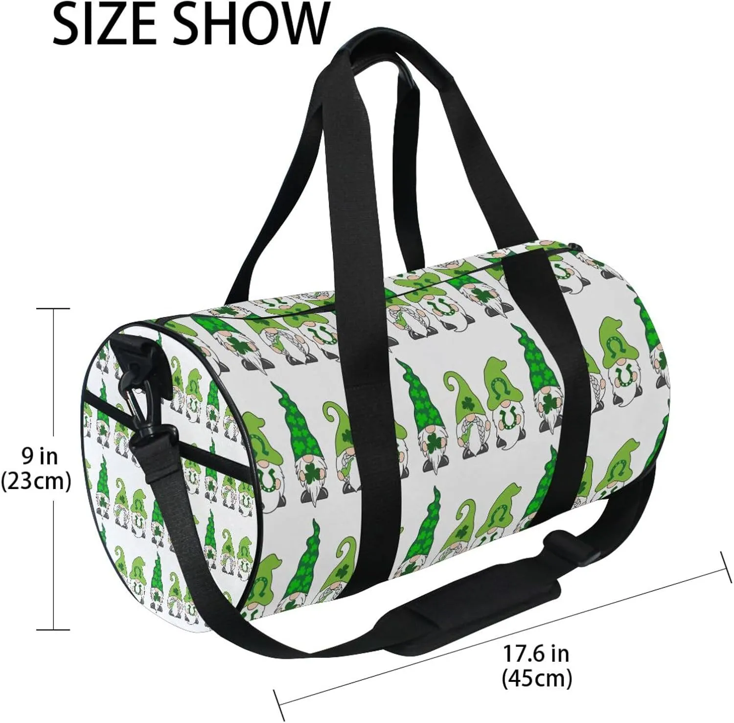 St Patrick Day Gnomes with Green Shamrock Clovers Leaves on White Portable Gym Bag, Travel Bag, Luggage bag, Sports Bag, Toiletry Bag with Handles, Detachable Shoulder Strap 17.6 x 9 x 9 inch