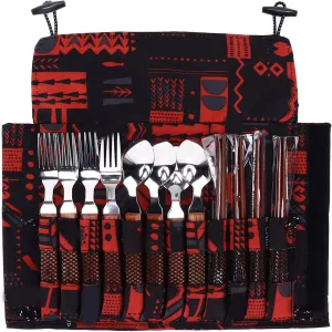 Stainless Steel Tableware Set, Wooden Handle Cutlery Set 4 Person Outdoor Tableware BBQ Camping