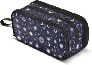 Starry Night Star Sun Moon Nylon Large Pencil Bag For Boys Big Capacity Pencil Case Stationery Bag for College Teen Girls