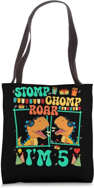 Stomp Chomp Roar I'm 5 Guitar Dinosaur Kid 5th Birthday Tote Bag