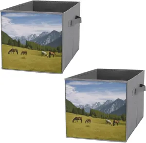 Storage Baskets Storage Box with Handles Mountain Pasture Grazing Horses Printed Storage Bags 2 Pack for Bedroom Closet Living Room