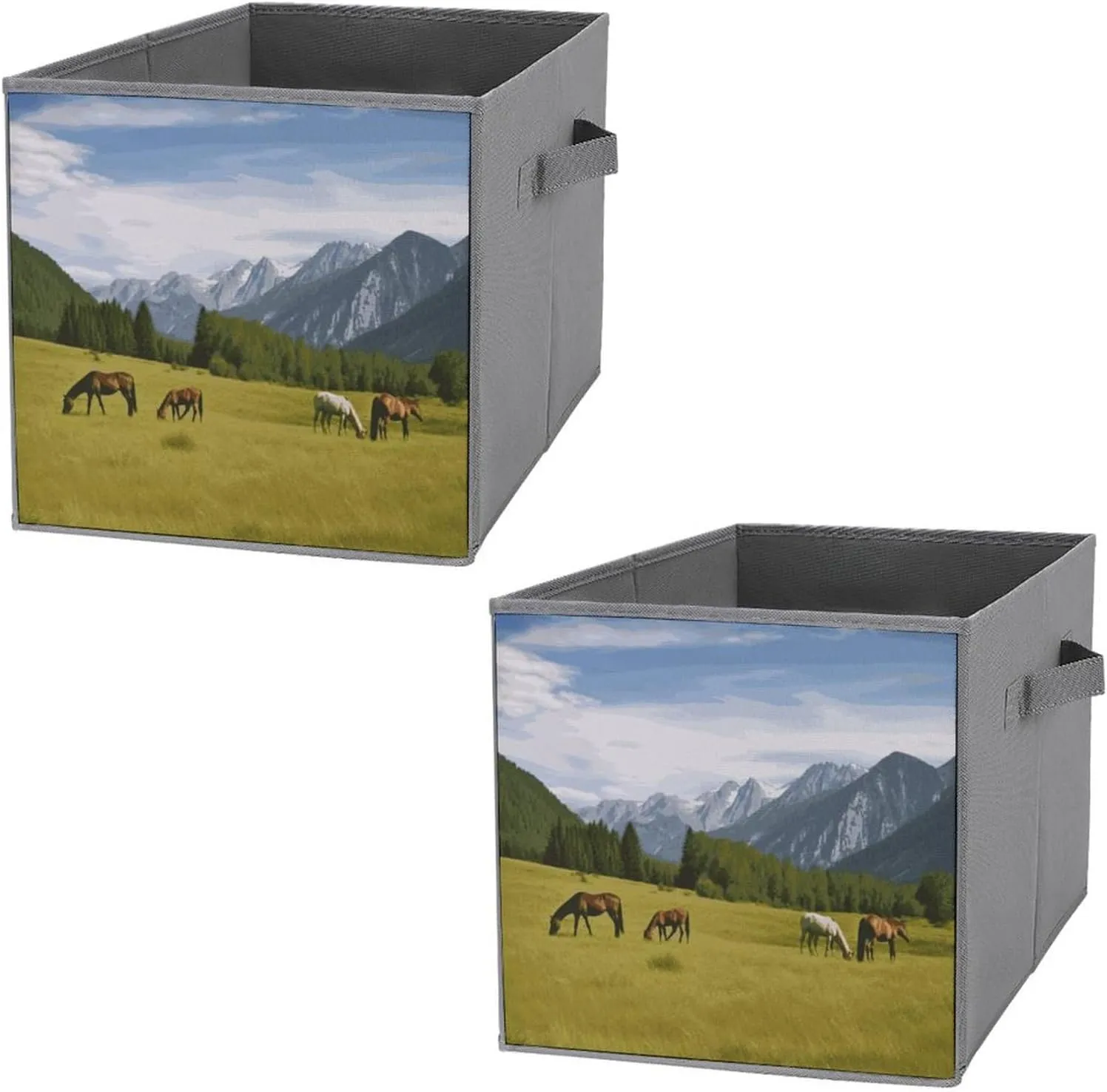 Storage Baskets Storage Box with Handles Mountain Pasture Grazing Horses Printed Storage Bags 2 Pack for Bedroom Closet Living Room