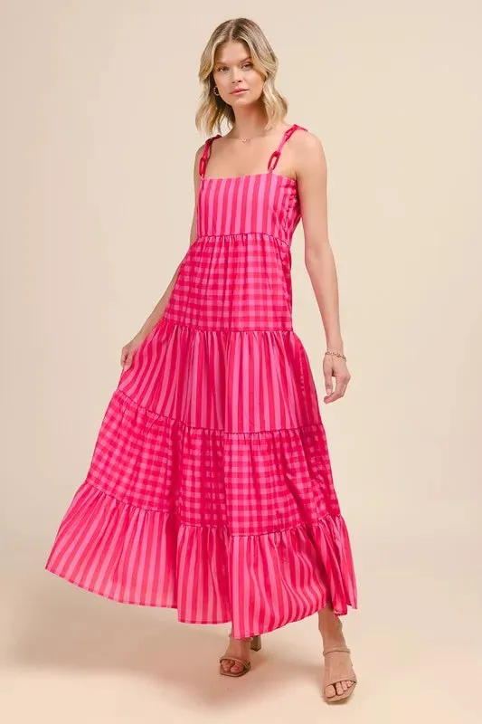 Stripe Tiered Maxi Dress with Colorful Strap