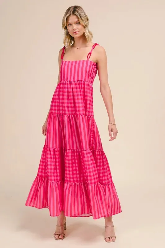 Stripe Tiered Maxi Dress with Colorful Strap