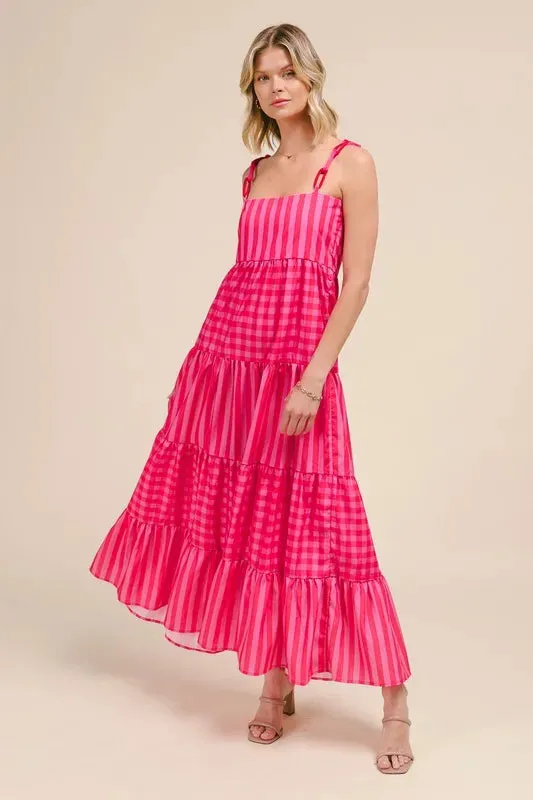 Stripe Tiered Maxi Dress with Colorful Strap