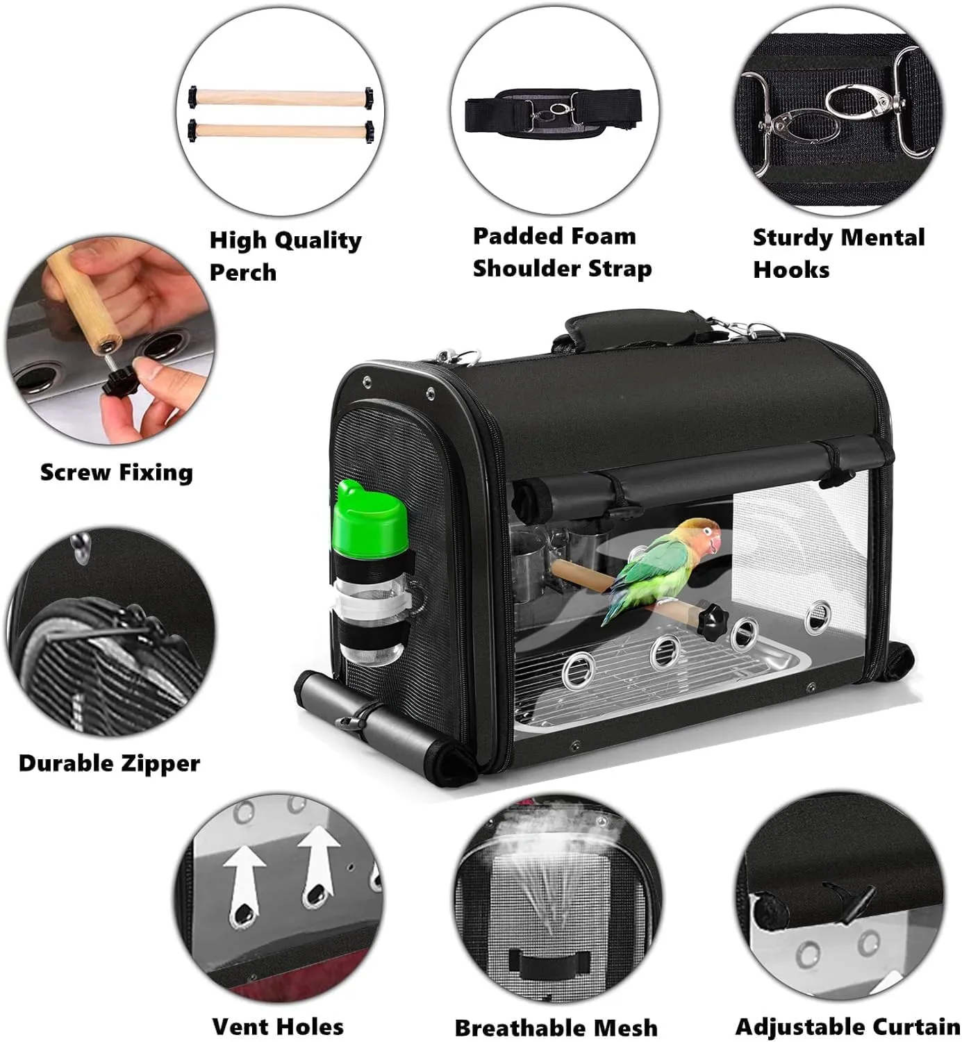 SUERTREE Bird Carrier Bag Bird Travel Cage with Stand, Lightweight Backpack for Parrot, Portable Bird Travel Bag, Pet Transparent Breathable Travel Cage, Black