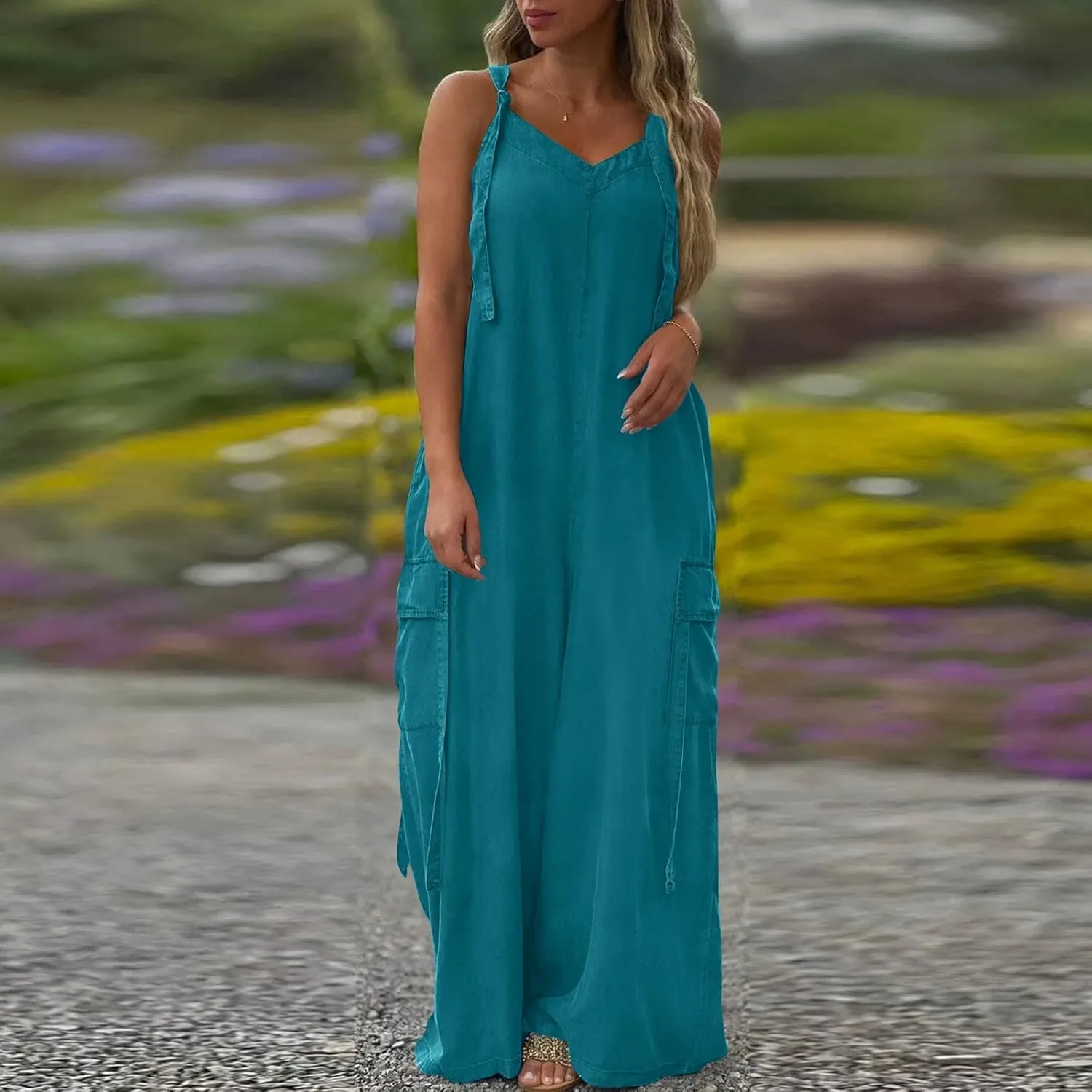 Summer Jumpsuits for Women 2025,Oversized Casual Wide Leg One Piece Jumpsuit V Neck Button Pants Rompers With Pockets