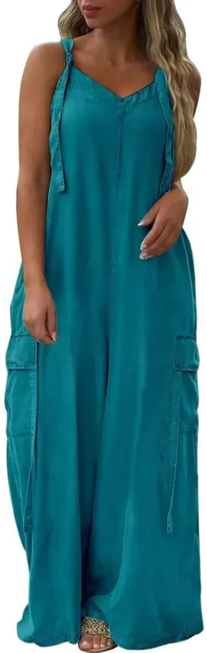Summer Jumpsuits for Women 2025,Oversized Casual Wide Leg One Piece Jumpsuit V Neck Button Pants Rompers With Pockets