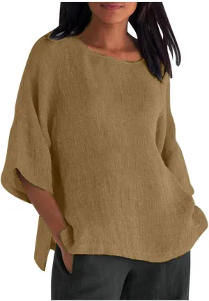 Summer Tops for Women Trendy Beach Plus Size 3/4 Sleeve Cotton Linen Shirts Blouse Crewneck Gauze Tops Casual Clothes