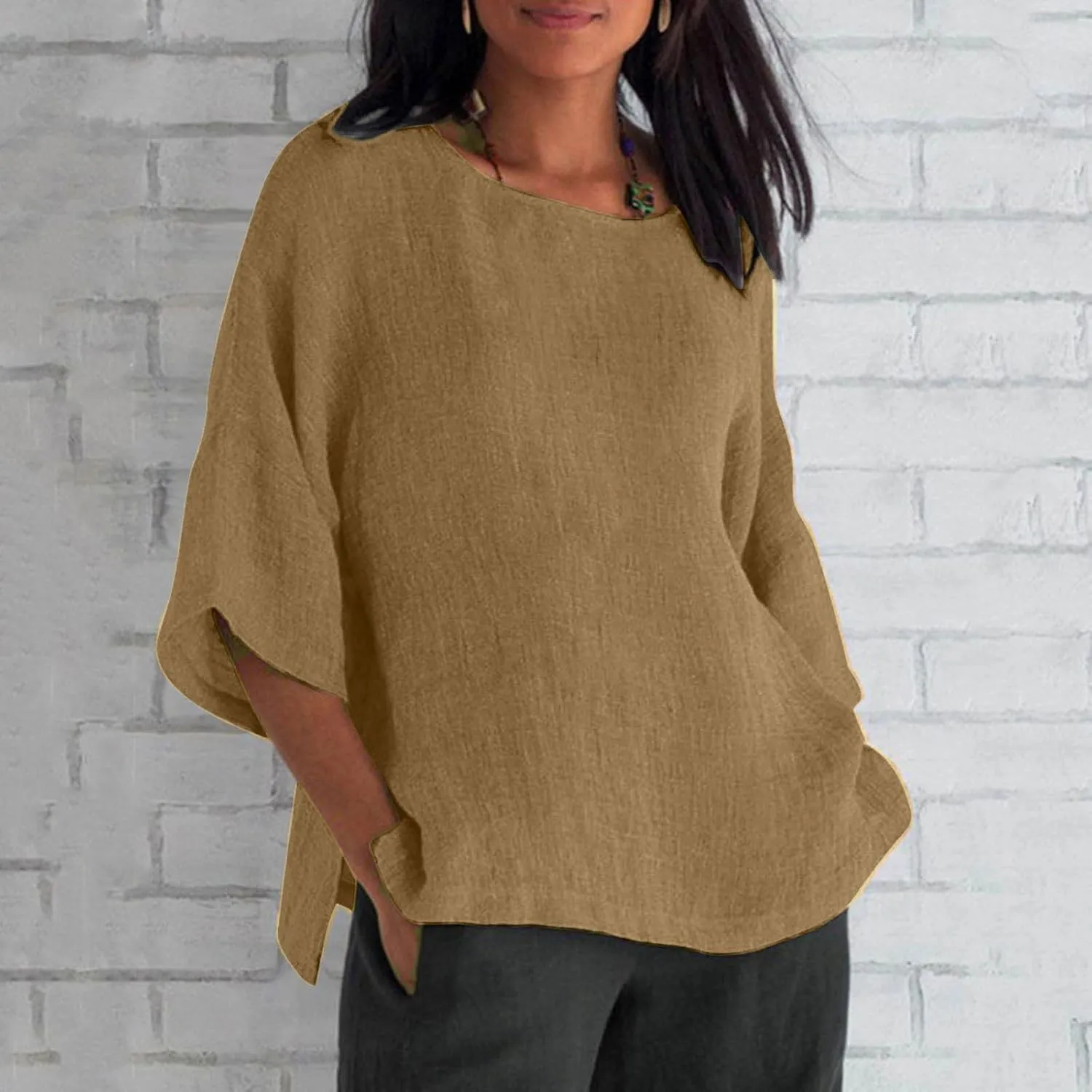 Summer Tops for Women Trendy Beach Plus Size 3/4 Sleeve Cotton Linen Shirts Blouse Crewneck Gauze Tops Casual Clothes
