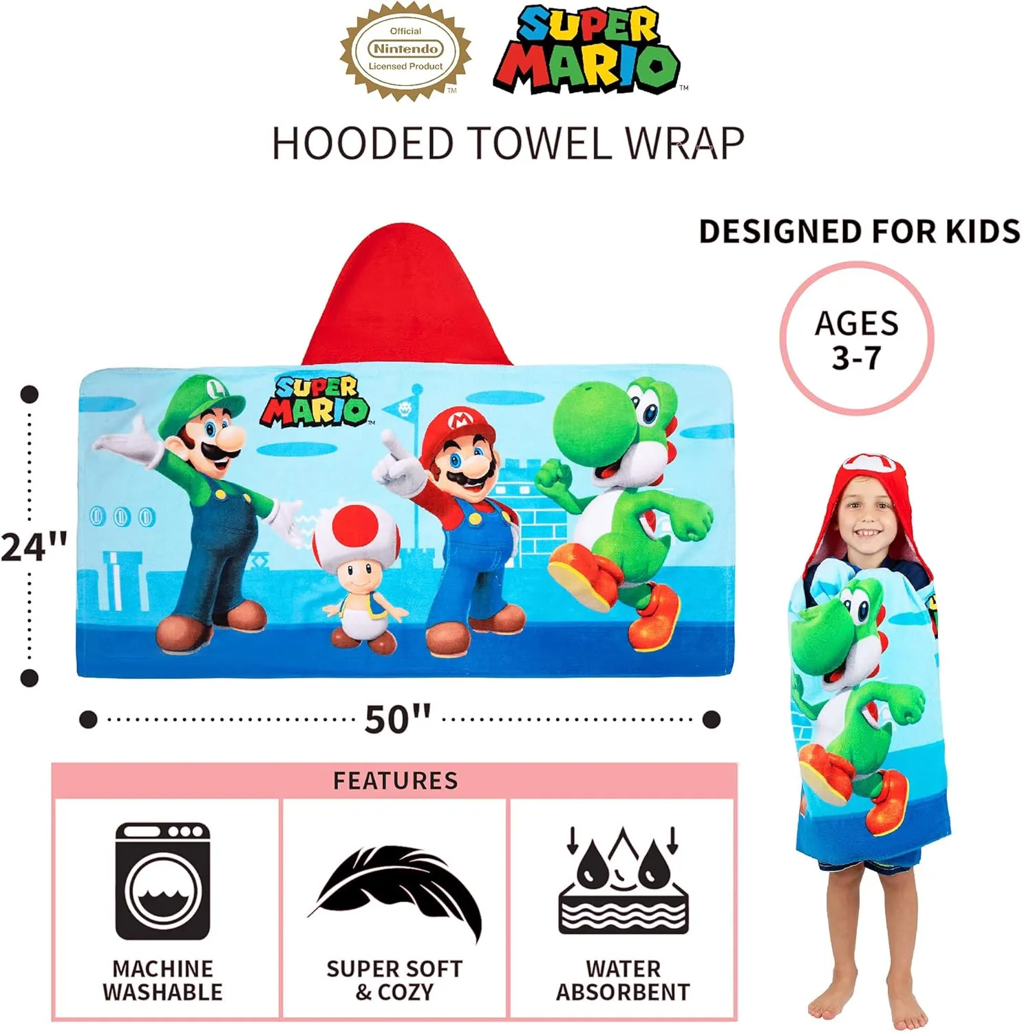 Super Mario Bath/Pool/Beach Soft Cotton Terry Hooded Towel Wrap, 24 in x 50 in, By Franco Kids