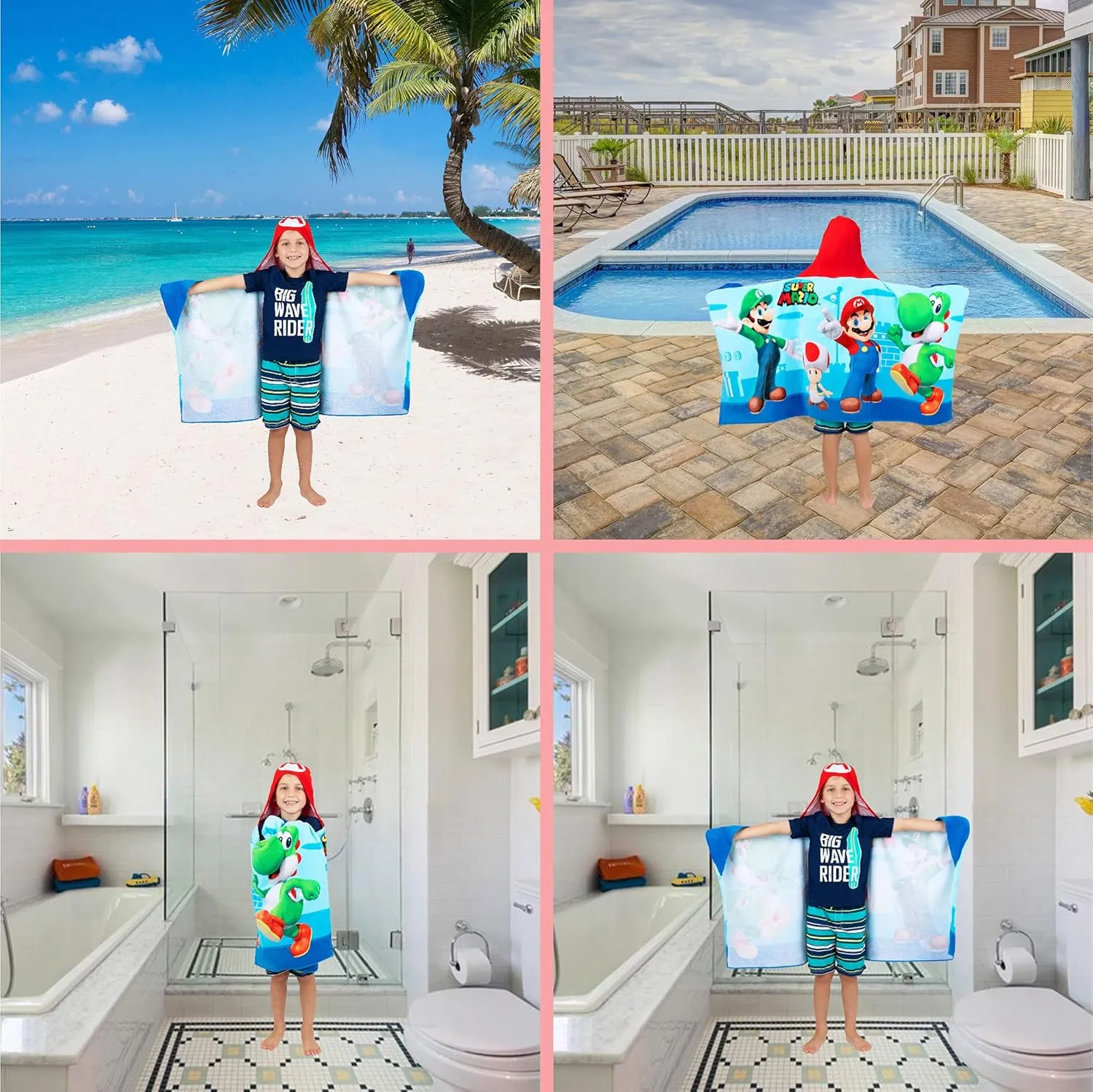 Super Mario Bath/Pool/Beach Soft Cotton Terry Hooded Towel Wrap, 24 in x 50 in, By Franco Kids