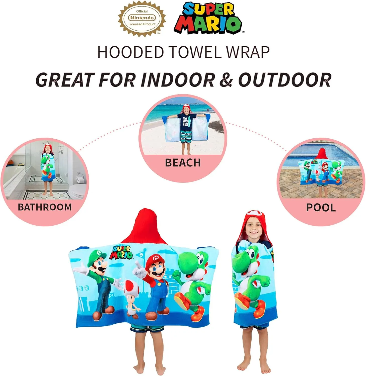 Super Mario Bath/Pool/Beach Soft Cotton Terry Hooded Towel Wrap, 24 in x 50 in, By Franco Kids