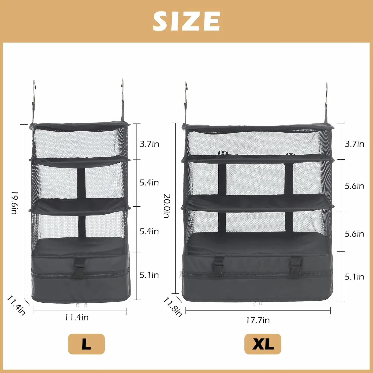 Surblue Hanging Closet Storage Bag Collapsible 3-Shelf Washable Oxford Fabric with 2 Hooks (L 11.41 * 11.41 * 19.68in, Grey)