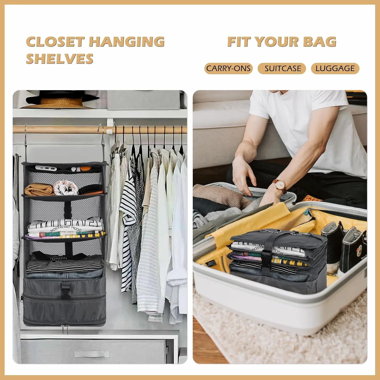 Surblue Hanging Closet Storage Bag Collapsible 3-Shelf Washable Oxford Fabric with 2 Hooks (L 11.41 * 11.41 * 19.68in, Grey)