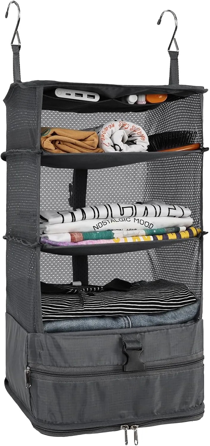 Surblue Hanging Closet Storage Bag Collapsible 3-Shelf Washable Oxford Fabric with 2 Hooks (L 11.41 * 11.41 * 19.68in, Grey)