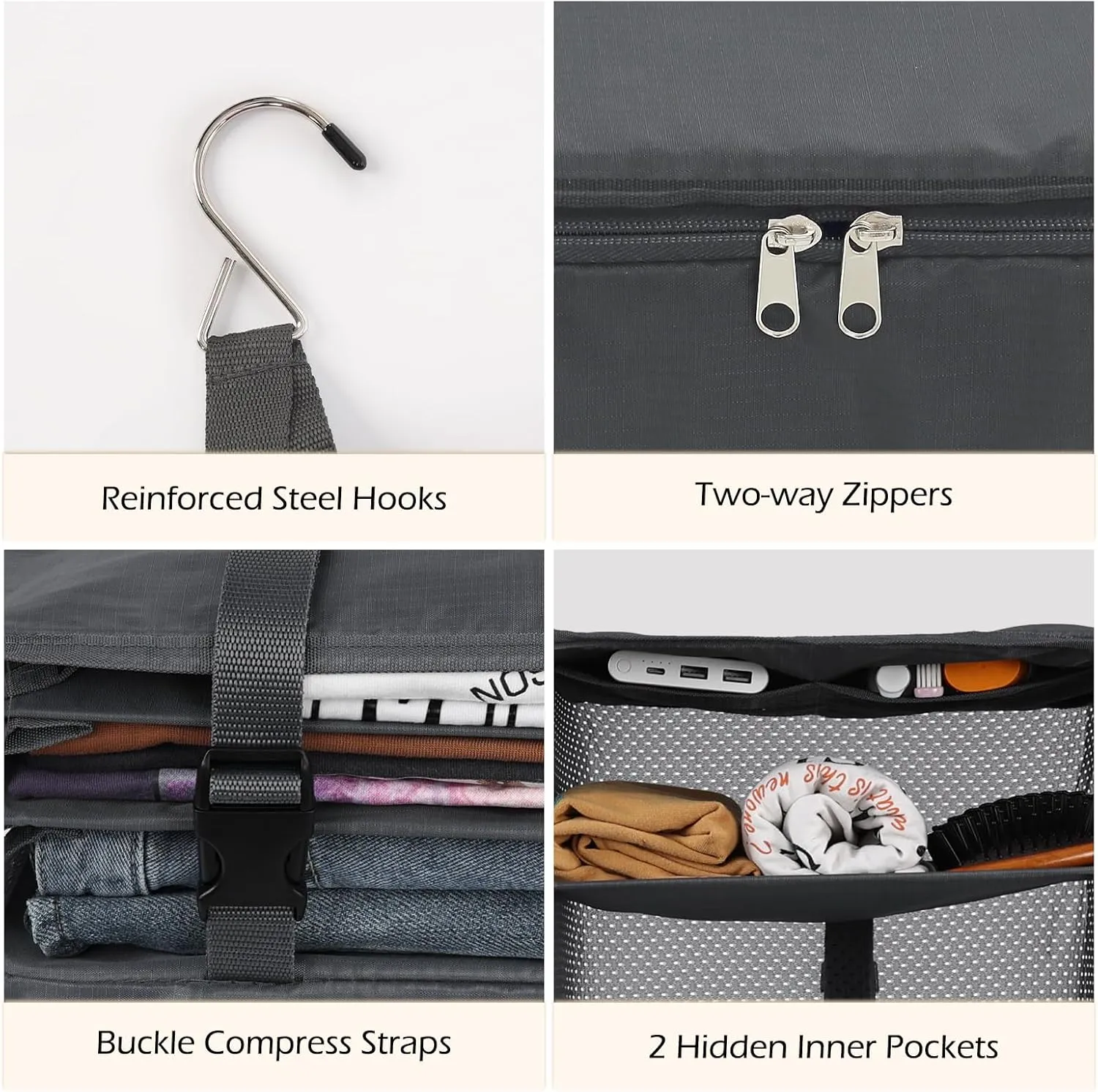 Surblue Hanging Closet Storage Bag Collapsible 3-Shelf Washable Oxford Fabric with 2 Hooks (L 11.41 * 11.41 * 19.68in, Grey)