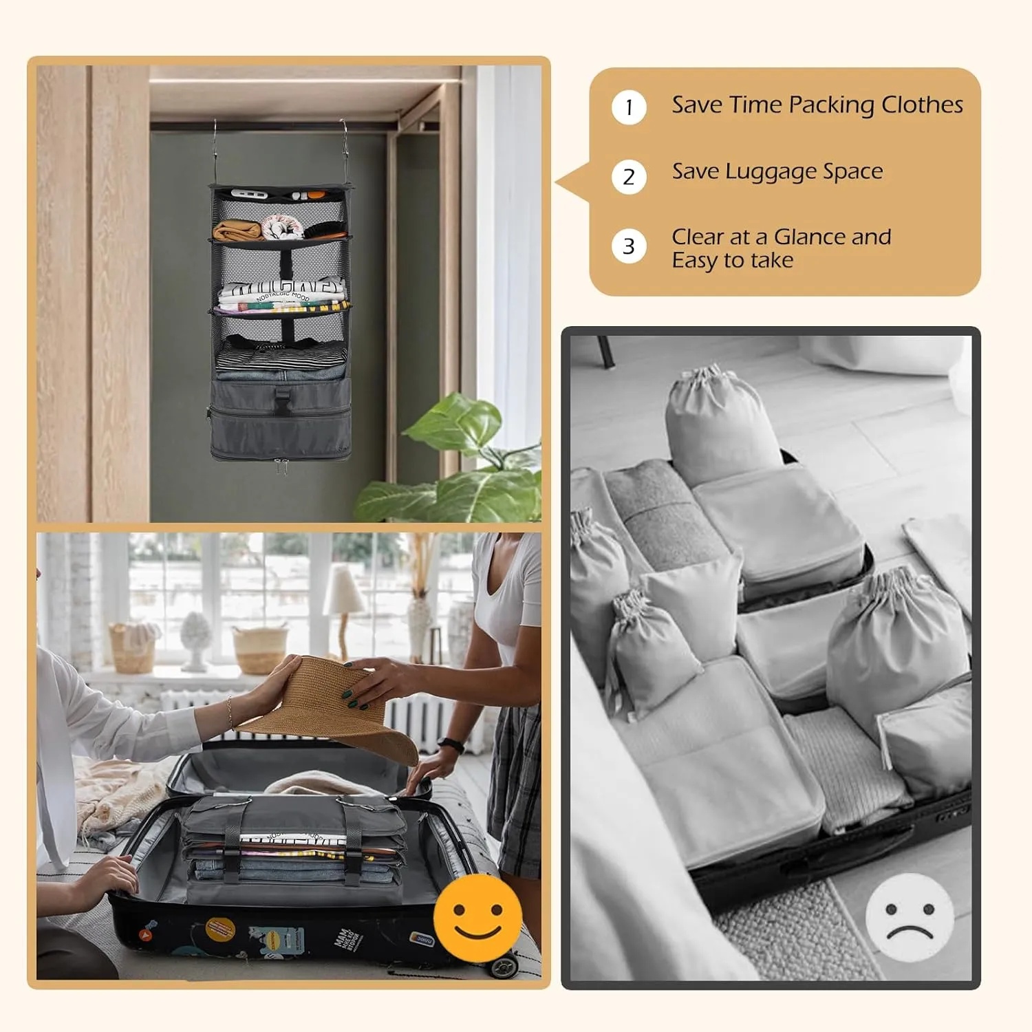Surblue Hanging Closet Storage Bag Collapsible 3-Shelf Washable Oxford Fabric with 2 Hooks (L 11.41 * 11.41 * 19.68in, Grey)
