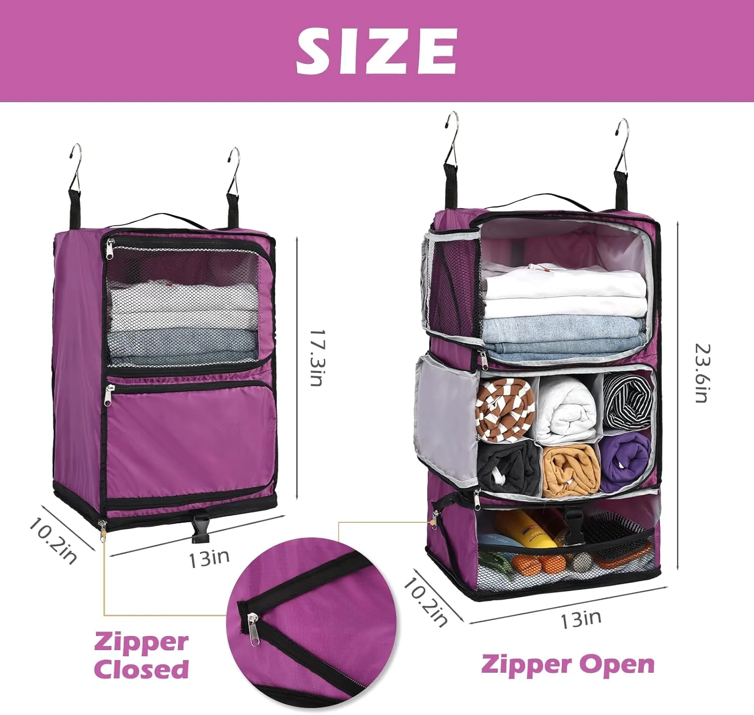 Surblue Hanging Shelves Travel Compression Packing Cube for Carry-on Luggage Suitcase Collapsible Transformable Garment Closet Organizers Large Capacity, Purple, XXL