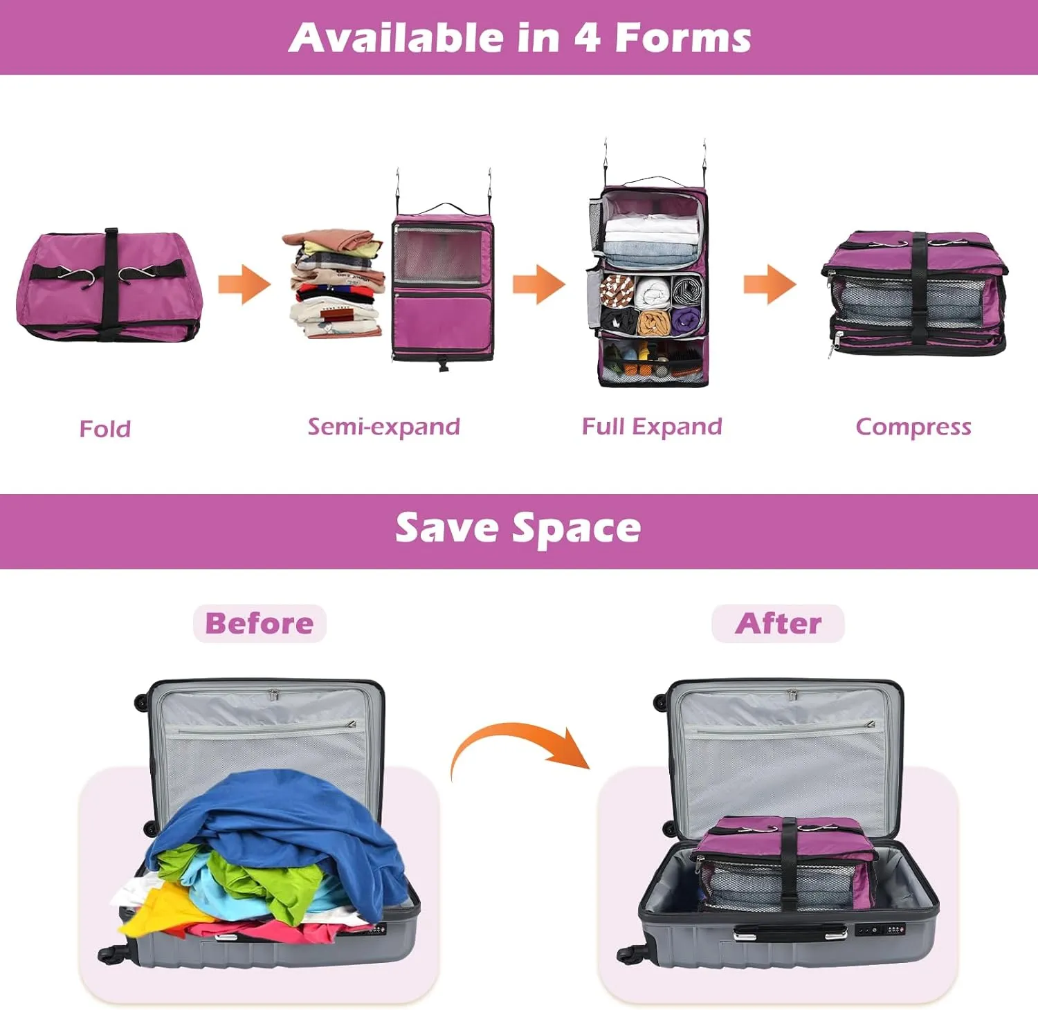 Surblue Hanging Shelves Travel Compression Packing Cube for Carry-on Luggage Suitcase Collapsible Transformable Garment Closet Organizers Large Capacity, Purple, XXL