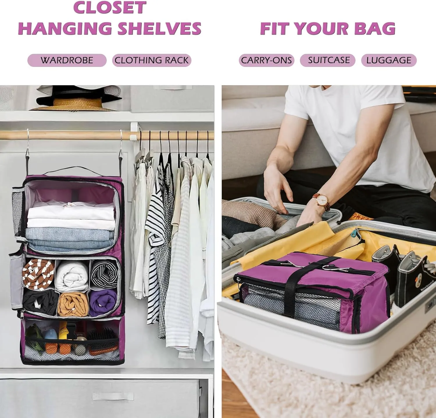 Surblue Hanging Shelves Travel Compression Packing Cube for Carry-on Luggage Suitcase Collapsible Transformable Garment Closet Organizers Large Capacity, Purple, XXL