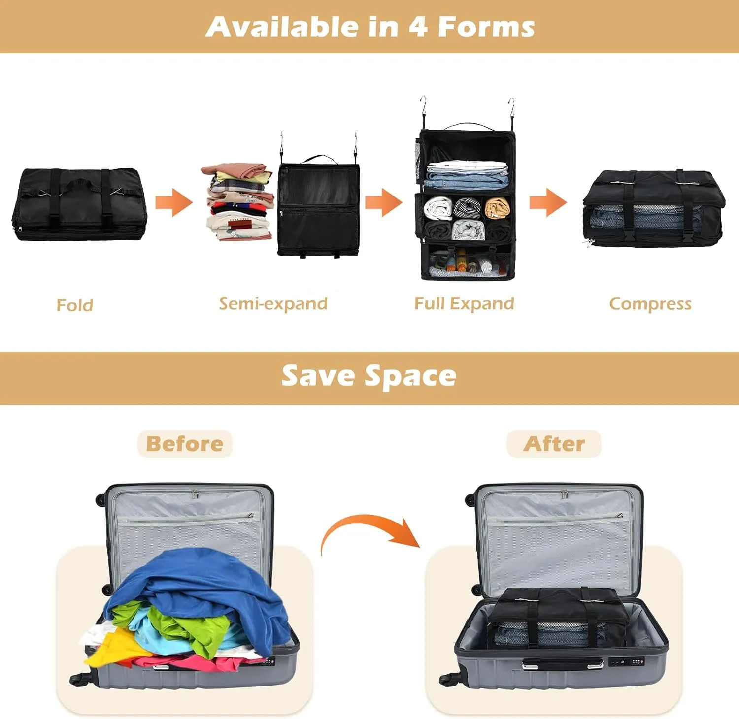Surblue Hanging Shelves Travel Storage Bag Compression Packing Cube for Suitcase Portable Closet Organizer Collapsible with Extension Layer Large Capacity,Black,XXL