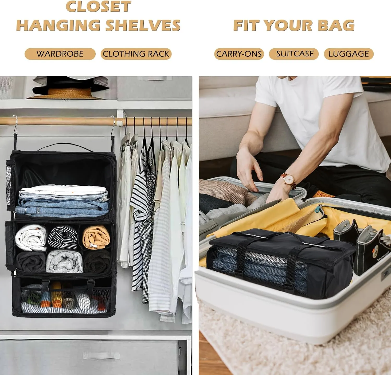 Surblue Hanging Shelves Travel Storage Bag Compression Packing Cube for Suitcase Portable Closet Organizer Collapsible with Extension Layer Large Capacity,Black,XXL