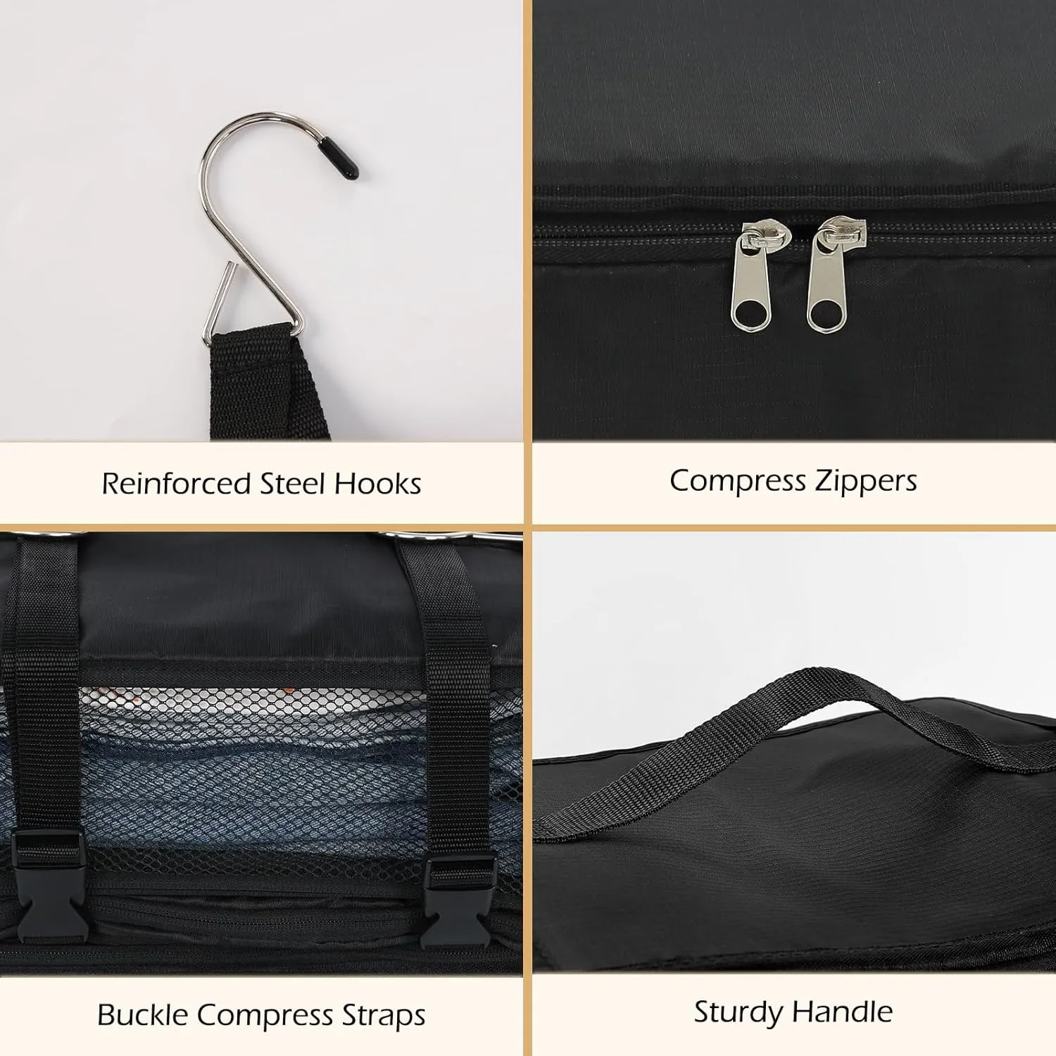 Surblue Hanging Shelves Travel Storage Bag Compression Packing Cube for Suitcase Portable Closet Organizer Collapsible with Extension Layer Large Capacity,Black,XXL
