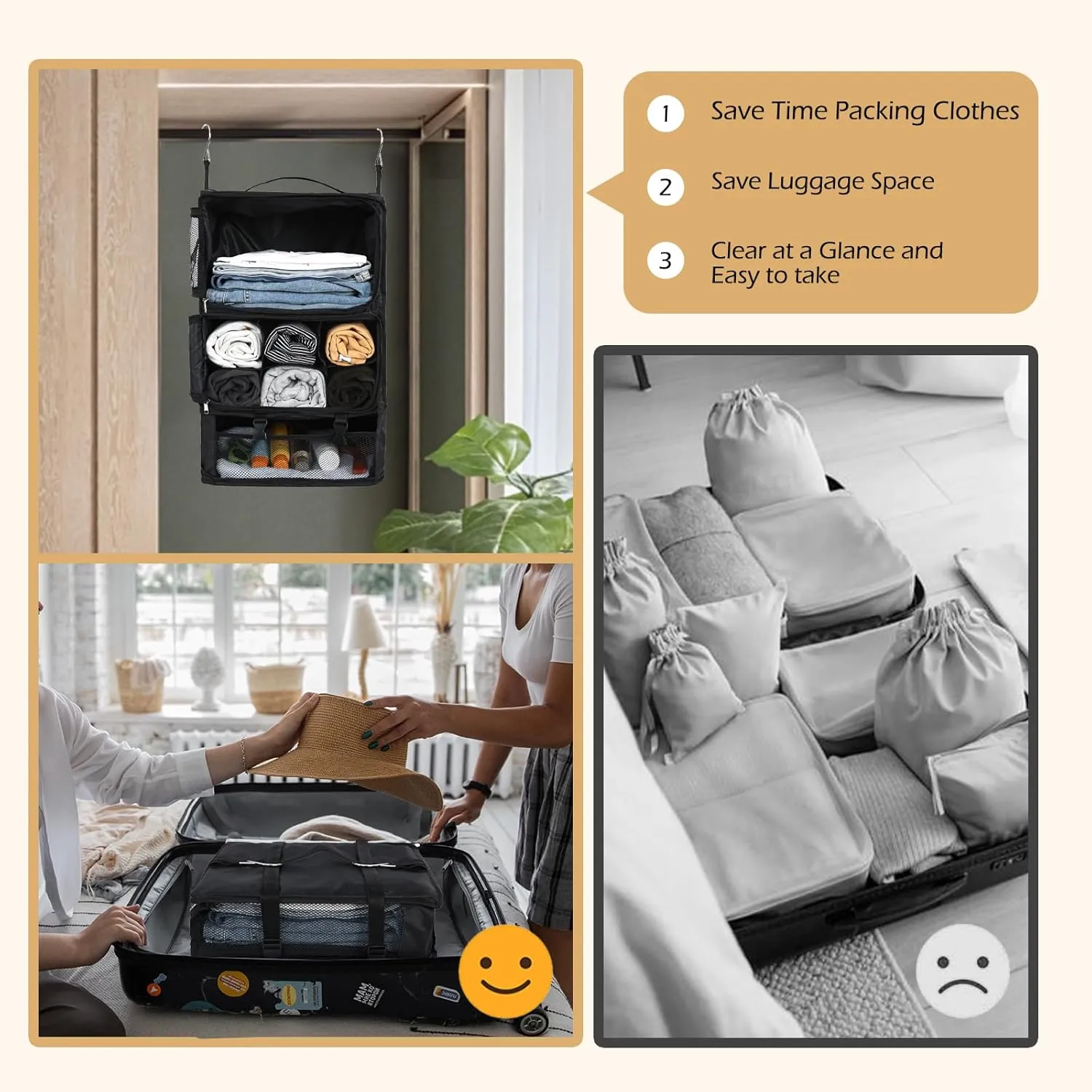Surblue Hanging Shelves Travel Storage Bag Compression Packing Cube for Suitcase Portable Closet Organizer Collapsible with Extension Layer Large Capacity,Black,XXL