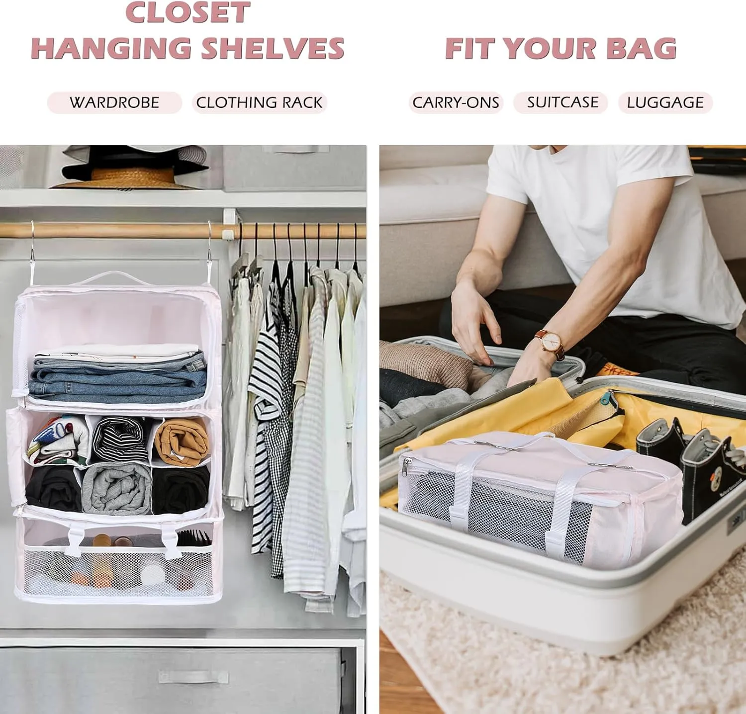 Surblue Hanging Shelves Travel Storage Bag Compression Packing Cube for Suitcase Portable Closet Organizer Collapsible with Extension Layer Large Capacity,Pink,XXL
