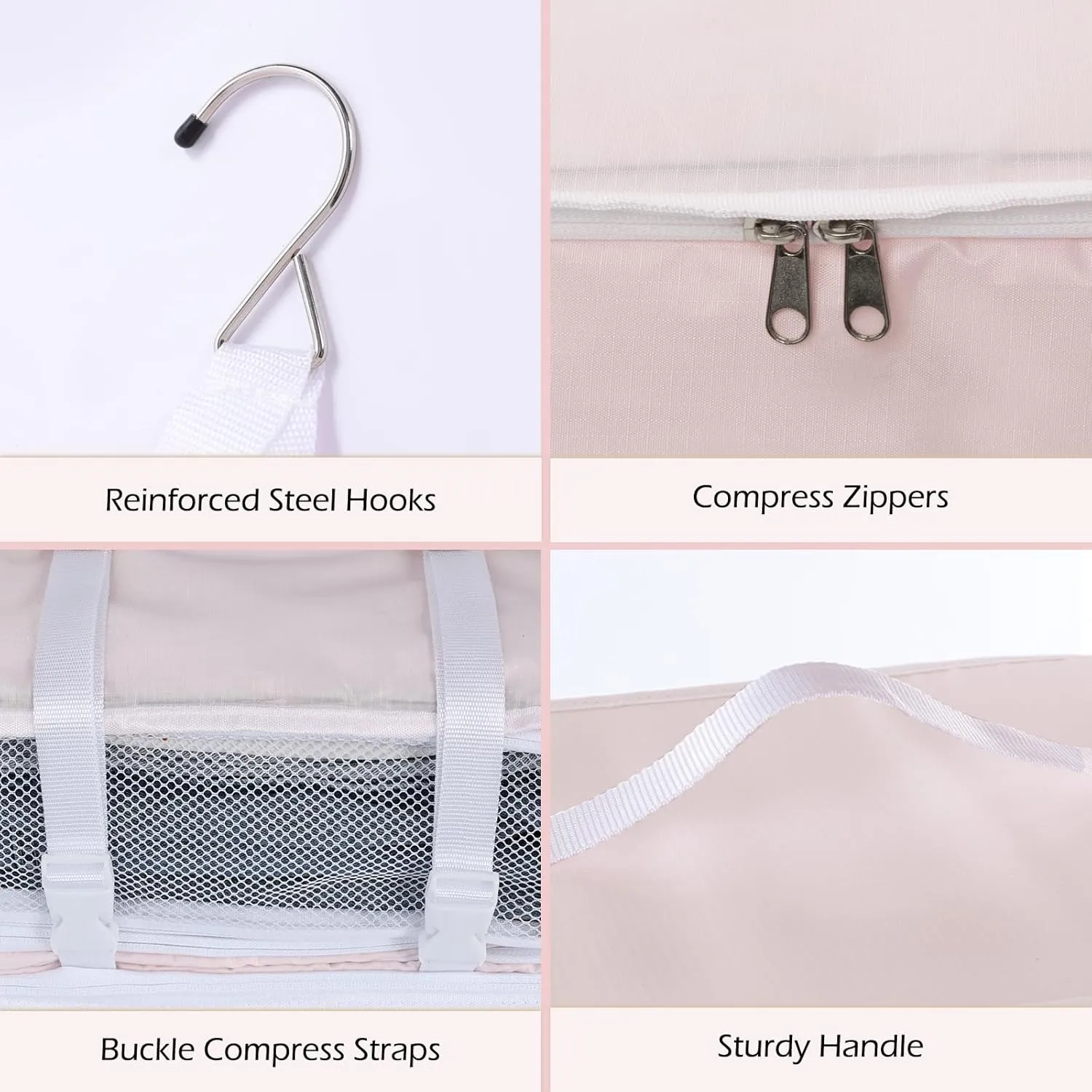 Surblue Hanging Shelves Travel Storage Bag Compression Packing Cube for Suitcase Portable Closet Organizer Collapsible with Extension Layer Large Capacity,Pink,XXL