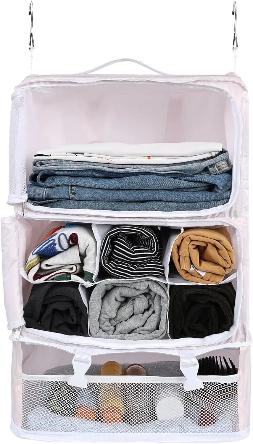 Surblue Hanging Shelves Travel Storage Bag Compression Packing Cube for Suitcase Portable Closet Organizer Collapsible with Extension Layer Large Capacity,Pink,XXL