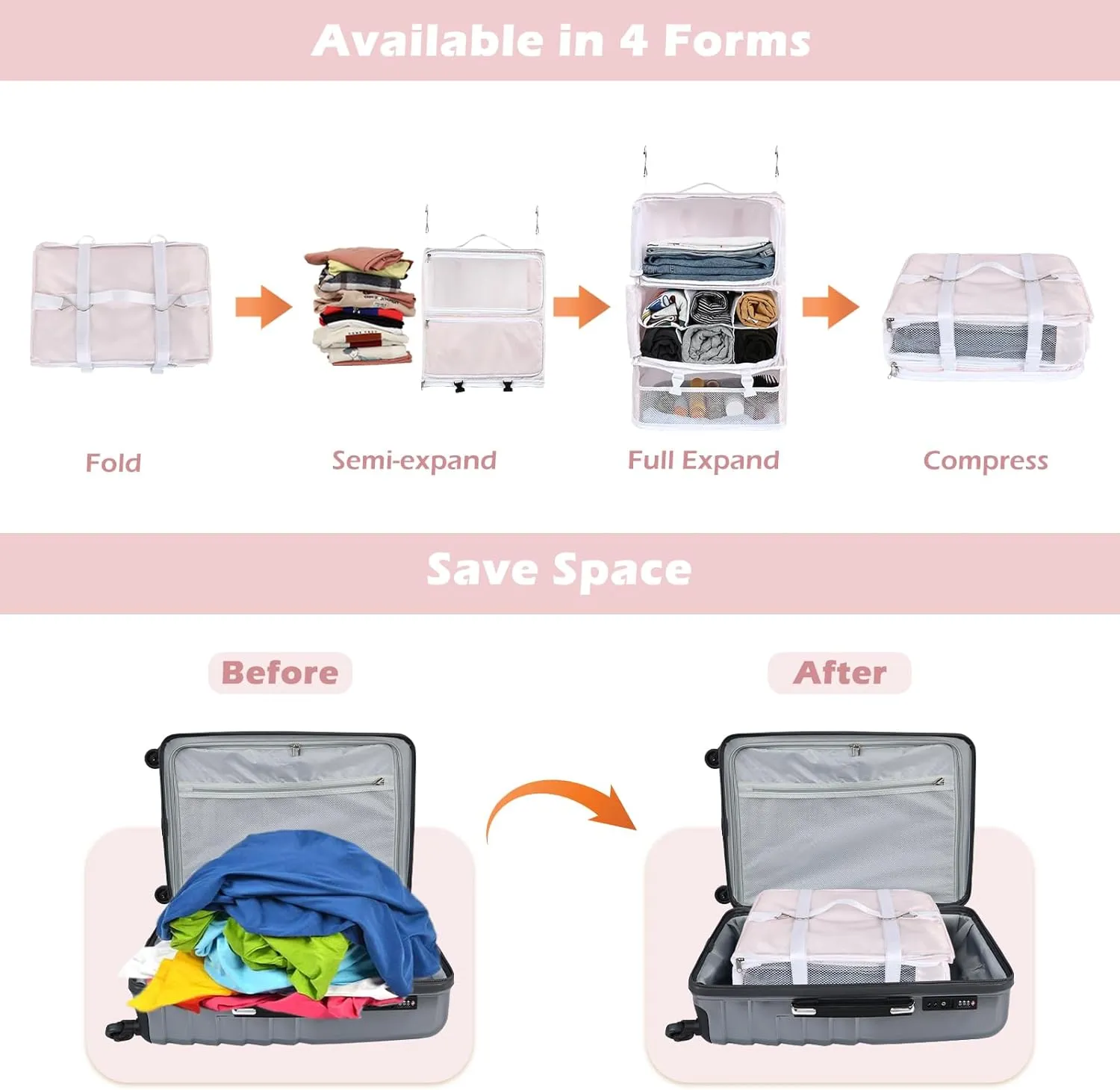 Surblue Hanging Shelves Travel Storage Bag Compression Packing Cube for Suitcase Portable Closet Organizer Collapsible with Extension Layer Large Capacity,Pink,XXL