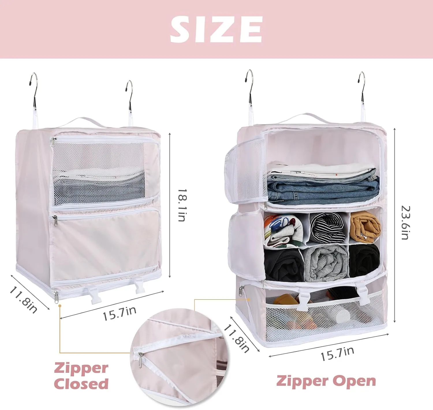 Surblue Hanging Shelves Travel Storage Bag Compression Packing Cube for Suitcase Portable Closet Organizer Collapsible with Extension Layer Large Capacity,Pink,XXL