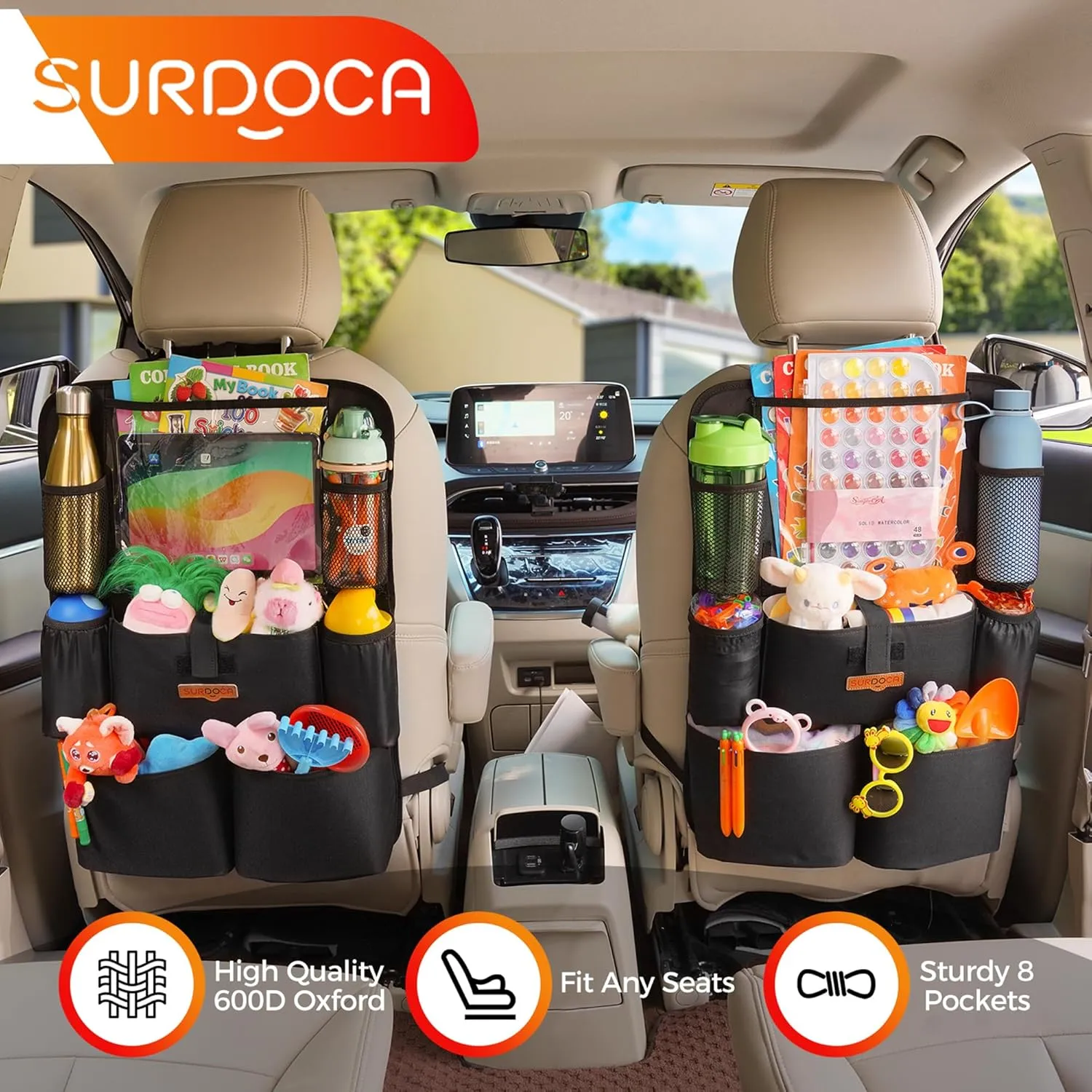 SURDOCA Upgraded Car Organizer with 11-in Touch Screen Tablet Holder, Backseat Organizer with 8 Pockets, Car Seat Protector Road Trip Essentials for Kids