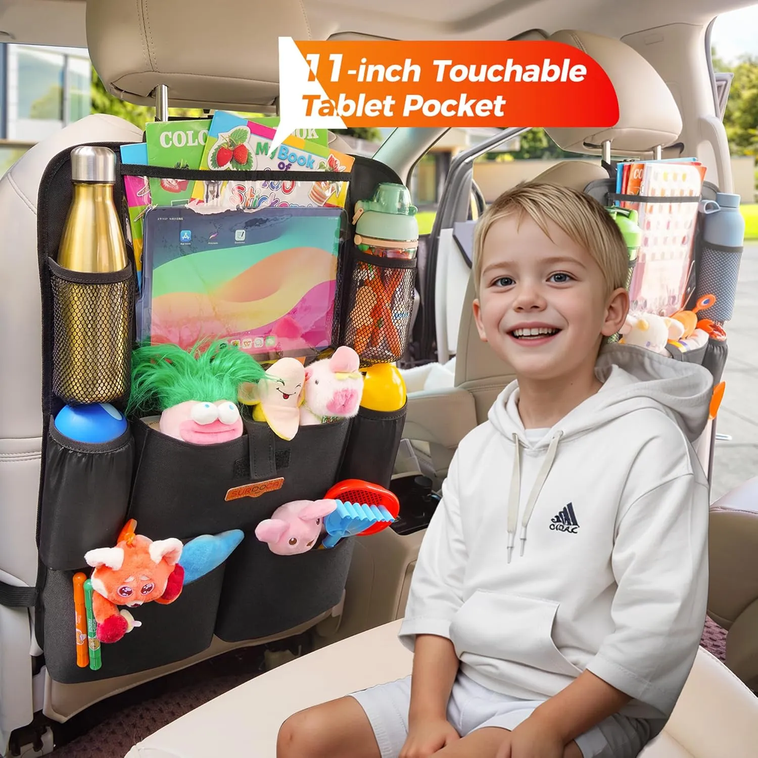 SURDOCA Upgraded Car Organizer with 11-in Touch Screen Tablet Holder, Backseat Organizer with 8 Pockets, Car Seat Protector Road Trip Essentials for Kids