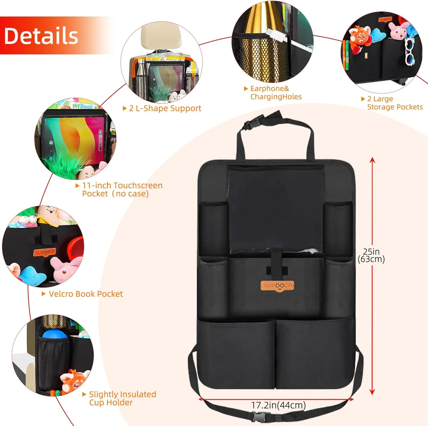 SURDOCA Upgraded Car Organizer with 11-in Touch Screen Tablet Holder, Backseat Organizer with 8 Pockets, Car Seat Protector Road Trip Essentials for Kids