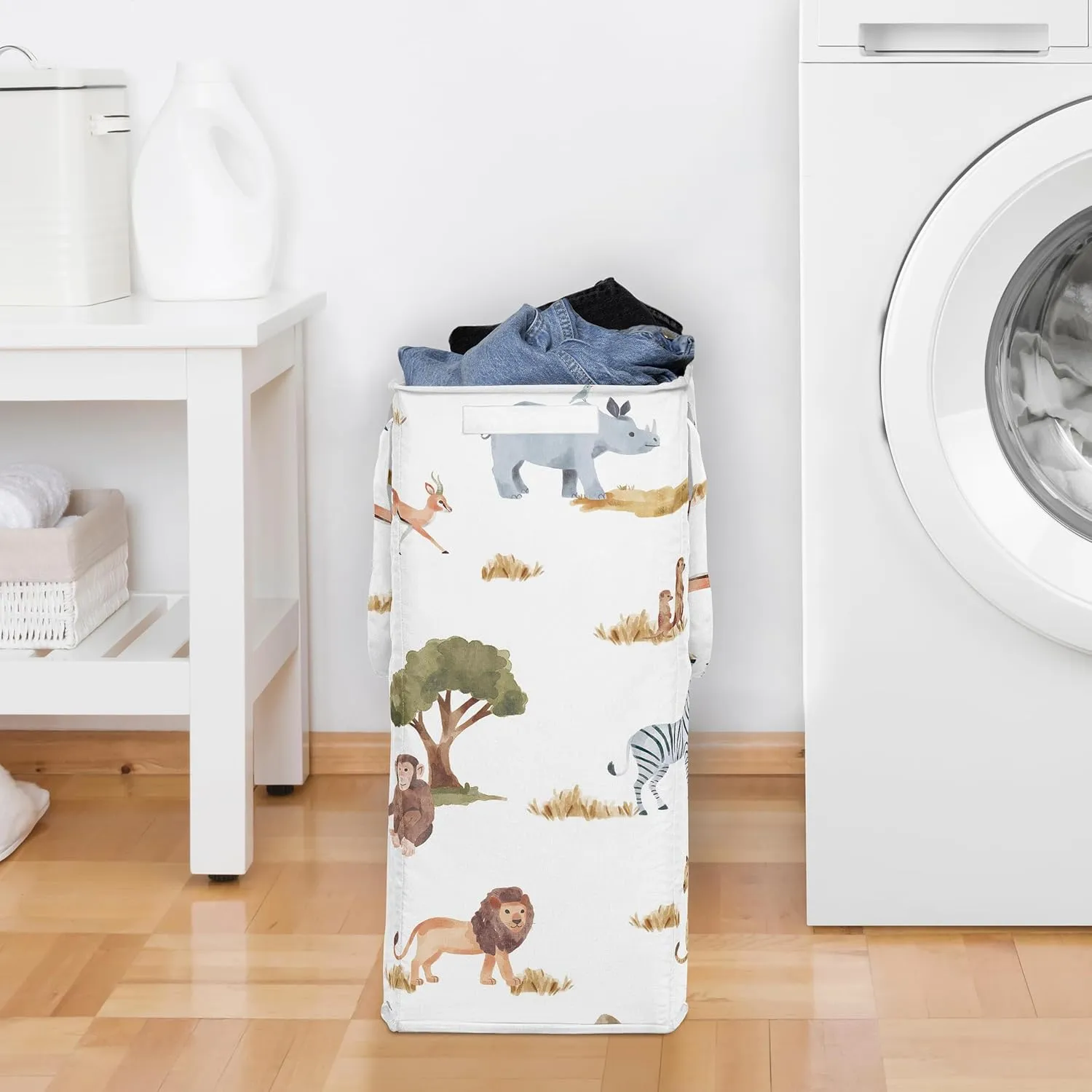 Sweet Jojo Designs Jungle Animals Boy Girl Unisex Gender Neutral Laundry Hamper Foldable Dirty Clothes Basket with Handles Baby Nursery Kids Bedroom Teen Bathroom Wildlife Safari Elephant Giraffe Lion