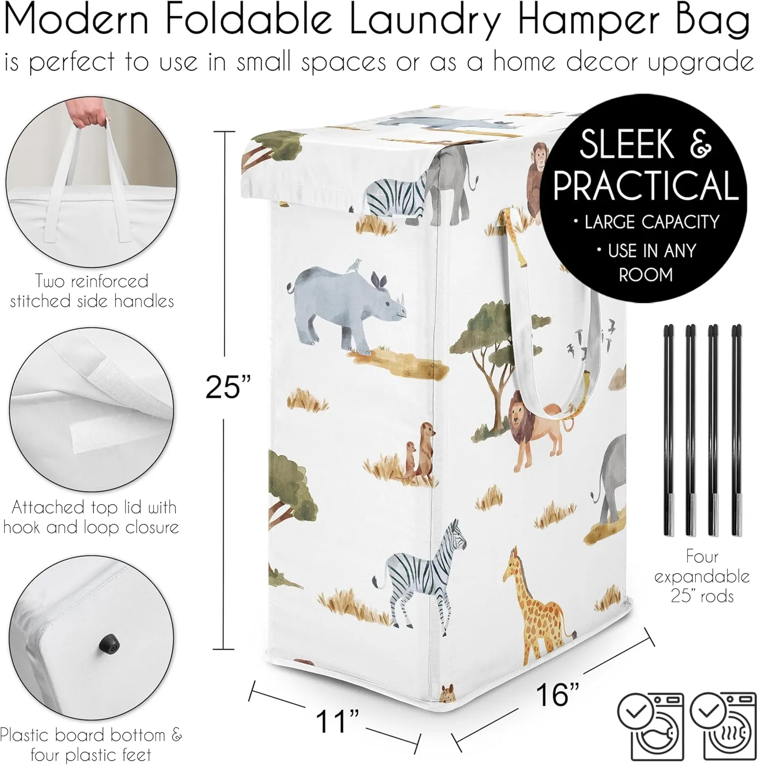 Sweet Jojo Designs Jungle Animals Boy Girl Unisex Gender Neutral Laundry Hamper Foldable Dirty Clothes Basket with Handles Baby Nursery Kids Bedroom Teen Bathroom Wildlife Safari Elephant Giraffe Lion
