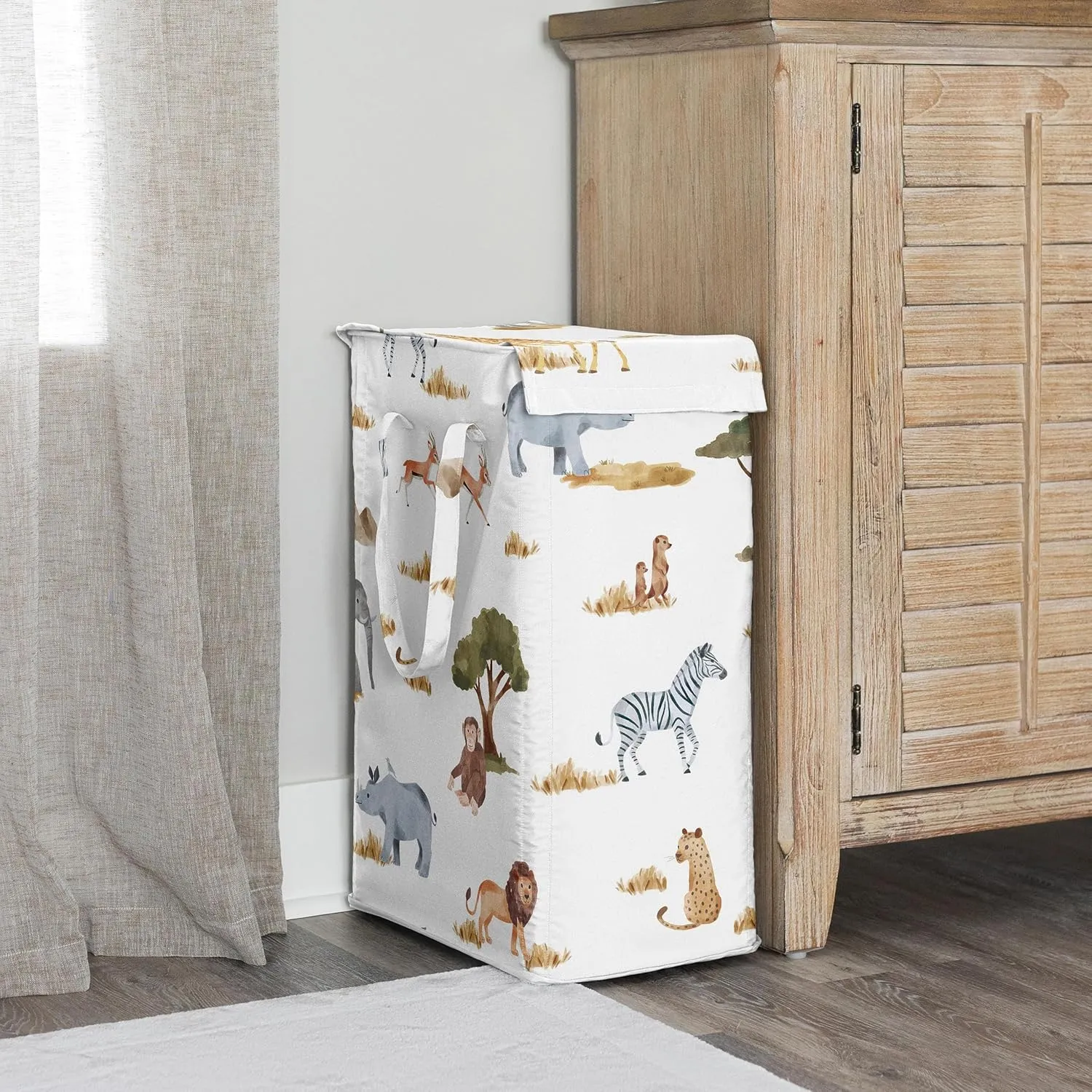 Sweet Jojo Designs Jungle Animals Boy Girl Unisex Gender Neutral Laundry Hamper Foldable Dirty Clothes Basket with Handles Baby Nursery Kids Bedroom Teen Bathroom Wildlife Safari Elephant Giraffe Lion