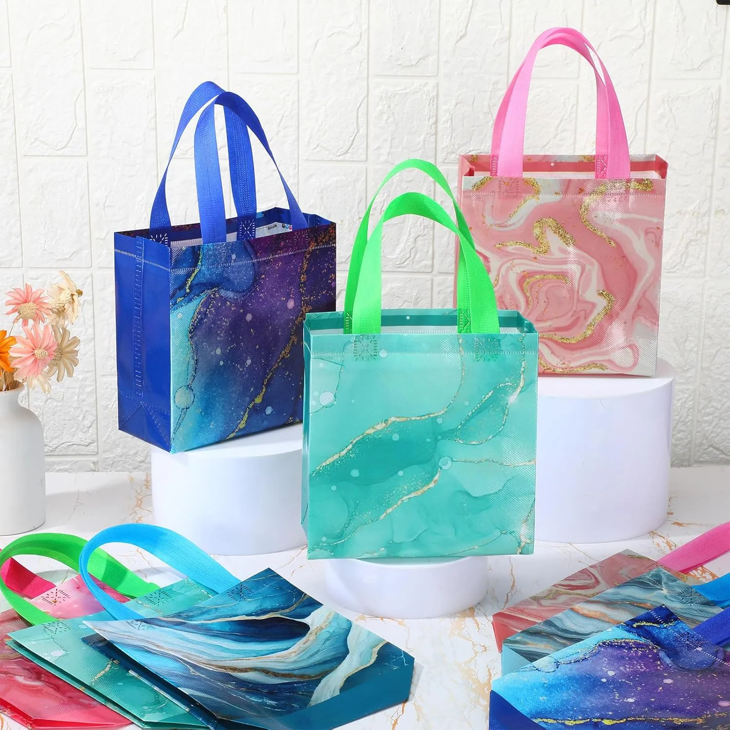 Sweetude 40 Pcs Marble Party Favor Bags with Handle, Non Woven Goodie Dinosaur for Birthday Supplies